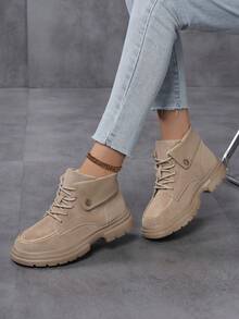 Botas cortas hasta el tobillo para mujer, botas de trabajo de moda con cordones para exteriores, botas altas casuales para montar, adecuadas para todas las estaciones