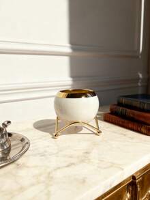 1pc Nordic Round Vase For Succulents Ornament Small Ceramics Flower Pot With Tray Golden Polka Dot Metal Base Modern Simple Home Gardening Containers Modern Decorative Plant Pot Decoration - White - View 5