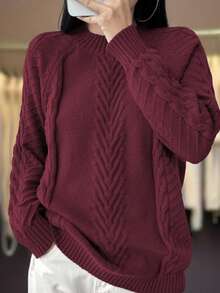 Plus Size Crew Neck Casual Long Sleeve Solid Color Knit Sweater - Burgundy - View 2