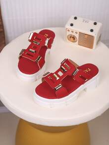 1 Pair Children's PU Leather Thick Sole Slippers, Fashionable & Minimalist, Suitable For Summer - Red - View 4