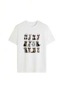 Camiseta de manga corta de estilo callejero informal, cómoda y holgada con estampado de auriculares de gato para mujer de talla grande, ideal para primavera/verano - Blanco - Ver 2