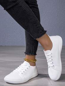 Women's Wide Toe Box Knit Sneakers, Minimalist Breathable White Lace-Up Non-Slip Casual Sports Shoes - White - View 5