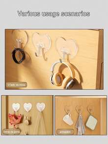 50 piezas Ganchos de pared claros con adhesivo fuerte - Estilo casual, fácil de instalar, sin necesidad de perforar, ganchos en forma de corazón de plástico para cocina y baño, organizador de almacenamiento montado en la pared, organizador de baño, decoración de baño de verano - transparente - Ver 3