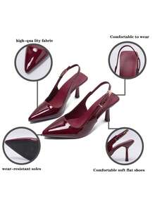 女士小猫跟高跟鞋，尖头漆皮细高跟红色婚鞋伴娘鞋百搭优雅成熟女士搭扣高跟凉鞋 - 酒紅色 - 查看 5
