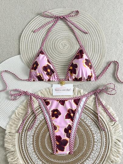 2pcs Retro Floral Contrast Plaid Print Trim Women Halter Bikini, Metal Flower Decor, Suitable For Beach, Pool, Cruise, Party In Spring/Summer