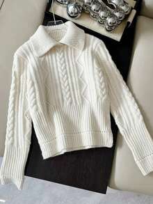 1 pieza Suéter de manga larga de punto retorcido de unicolor con cuello, diseño de cintura ajustada, parte superior versátil de invierno para mujeres - Albaricoque - Ver 12