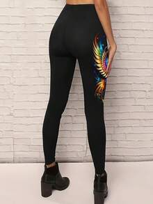 Women's High-Waisted Stretch Leggings With Phoenix Print - Turquoise/Yellow/Purple/Black//Red/White/Green - All-Season Full-Length Tight Pants For, Dance & Casual Wear - Middle Eastern-Inspired Slim-Fit Trousers - 星星 - 查看 3
