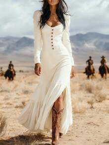 European And American Style Dress New Vintage Western Style Button Ruched Long Sleeve Sexy Long Dress - 象牙白 - 查看 12