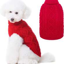 1pc Classic Pattern Pet Sweater, Soft & Comfortable Knit, Suitable For Small & Medium Dogs, Thick Knit Turtleneck Design, Elastic & Warm, Unisex Dog Clothing For Winter - Red - View 1