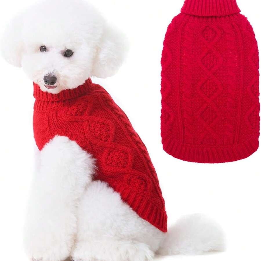 1pc Classic Pattern Pet Sweater, Soft & Comfortable Knit, Suitable For Small & Medium Dogs, Thick Knit Turtleneck Design, Elastic & Warm, Unisex Dog Clothing For Winter - Red - View 1
