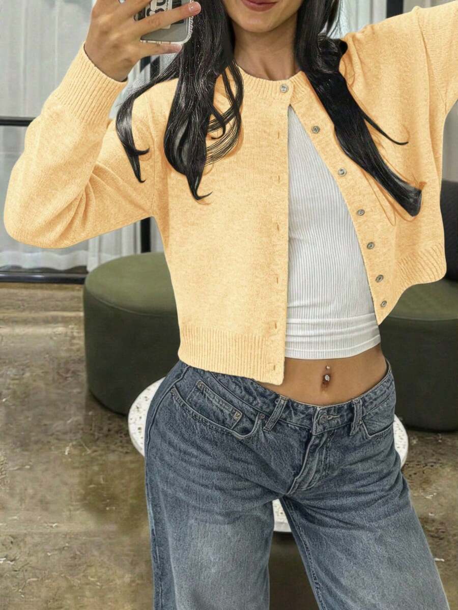 FOR BEAUTY 女士圆领扭结纽扣长袖针织开衫，女士短款宽松舒适纯色毛衣外套，春季上衣