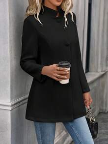 Women's Tailored Longline Blazer - Red, Button-Front, Stand Collar With Waist Definition, Warm Winter Outerwear For Christmas & New Year, Casual Festive Wear | Office-Ready & Holiday-Chic Design | Cozy Structured Coat, Seasonal Essential - 黑色 - 查看 4