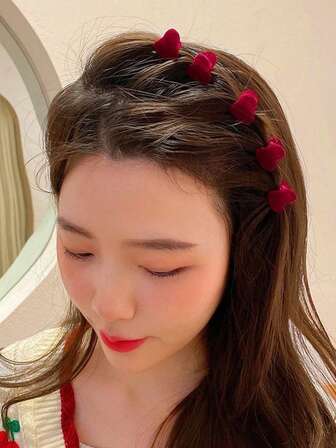 5pcs/10pcs/20pcs Cute Red Flocked Small Hair Clips, Women Autumn/Winter Heart-Shaped Hair Clips, Mini Side Clips, Princess Bangs & Flyaway Hair Clips, Flocked Hair Accessories Women Hair Claw Hair Clutch