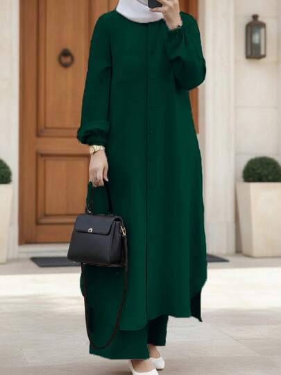 Women's Elegant Casual Solid Color Button Design Long Jacket With Lantern Sleeve And Long Wide Leg Pants Set, Fashionable Casual Elegant Cute Arabic Style Long Dress Two Pieces Set, Suitable For Spring, Summer, Autumn And Winter
