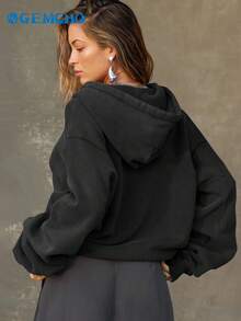 GEMCHO Áo nỉ có mũ trùm đầu dành cho nữ, màu trơn, tay dài, khóa kéo toàn bộ, đồ thể thao dành cho nữ - màu đen - Xem 3
