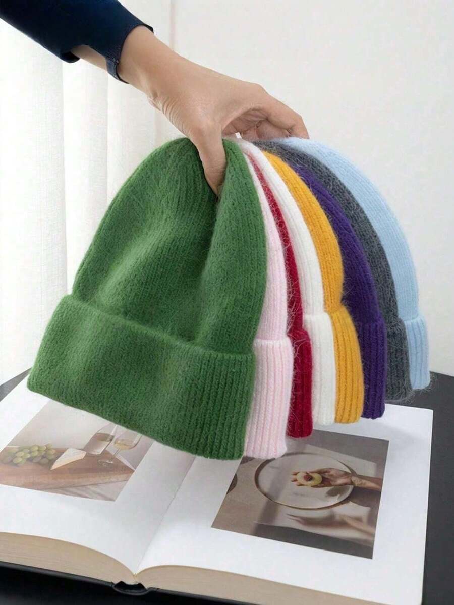 1顶纯色针织翻边帽 女款兔毛绒针织帽 柔软宽松四季秋冬保暖男女通用成人针织帽 大头围提拉脸型保暖舒适雪帽 女款滑雪跑步配件 户外旅行礼物 - 查看 1