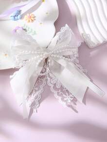 1pc Fashion Big Bow Lace Trim Faux Pearl Tassel Butterfly Hair Clip, Girls Party Accessory Gift - Multicolor - View 4