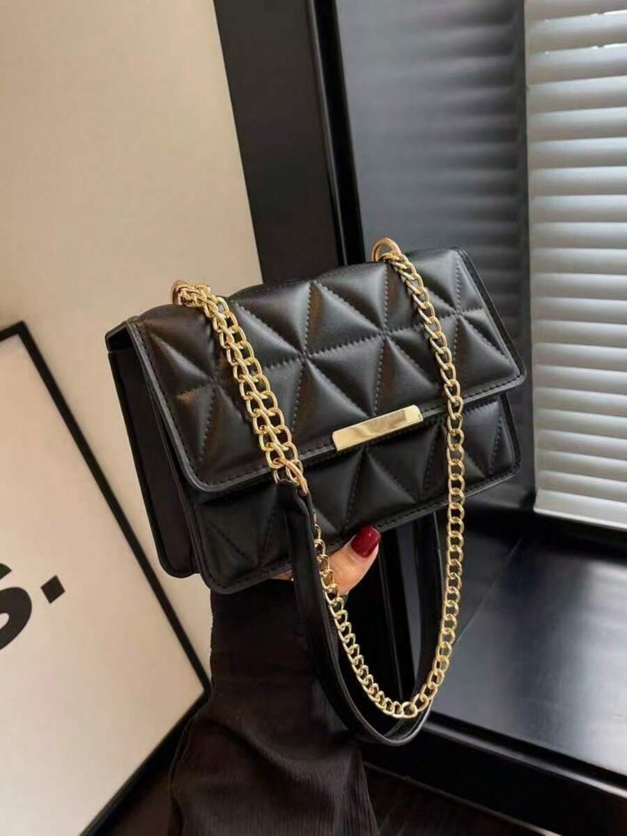 Stylish Solid Color And Printed Wide Strap Hard-Handheld Cross-Body Shoulder Bag For Women - Black - View 1