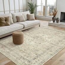 Washable Area Rug 5x7, Non-Slip Boho Neutral Carpet Living Room Bedroom Dining Room Office, Low-Pile Farmhouse Soft Carpet, Tan - Hồng - Xem 8