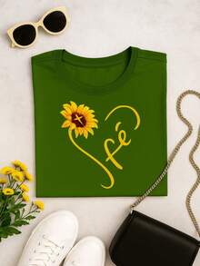Women's T-Shirt Blouse 100% Cotton Faith – Sunflower, Comfortable And Printed Sizes S M L XL - 軍綠色 - 查看 2