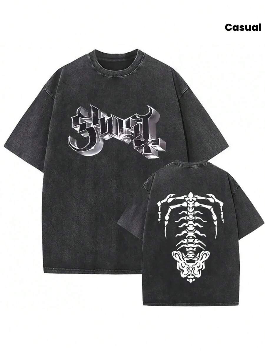 Unisex Ghost Band T-Shirt Washed Vintage Skeleton Graphic T Shirts Men Rock Oversized T-Shirts 90s Classic Gothic Punk Metal Tee Shirt  Fashion - 黑色 - 查看 1