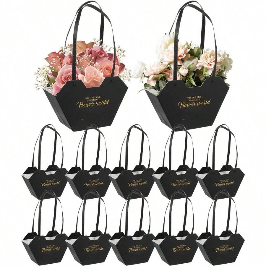 Pieces Flower Gift Bags With Handle Kraft Paper Flower Box Bouquet Waterproof Flower Boxes For Arrangement Flower Bouquet Bags For Gift Home Decoration Baby Shower Party Black - 黑色 - 查看 1