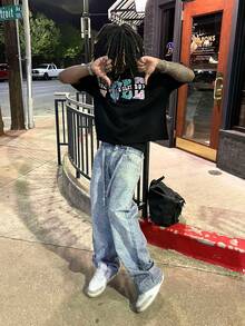 Street Art Style "LOST GALLERY" Double Sided Printed Short Sleeved T-Shirt Design (220g Pure Cotton T-Shirt) Pure Cotton T-Shirt - Soft And Breathable 100% Pure Cotton Fabric Comfortable And Vibrant Summer Street Style Short Sleeved T-Shirt Fashionable Retro Cool Design Men's And Women's Daily Summer Dressing T-Shirt - 黑色 - 查看 3