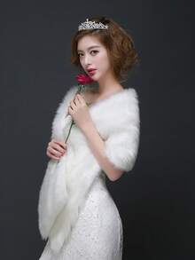 1件装冬季新娘披肩毛绒裹身长袍斗篷围巾加厚羊毛披肩女式 - A - 查看 2