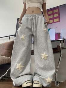 复古美式星形刺绣休闲运动裤，女士直筒阔腿裤 - 灰色 - 查看 1