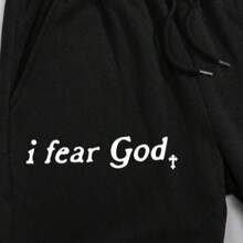 Teen Boys' Slogan Print Drawstring Waist Joggers Pants With Pockets And Cuffed Hem, Suitable For Rave, Emo, 2000s Style, Fleece Fabric