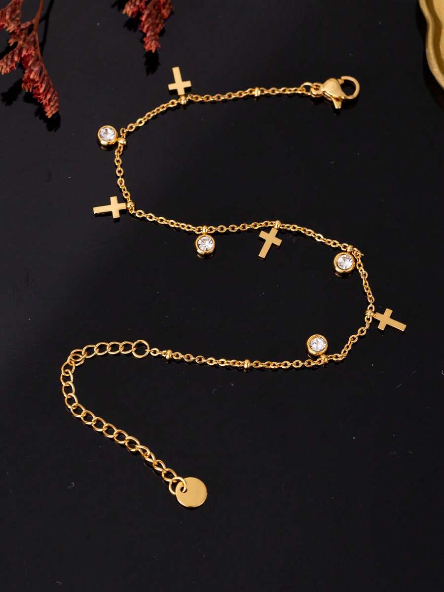 奢华复古十字架手链，精致优雅，非常适合叠戴，镶钻金十字架手链。 - 彩色 - 查看 1