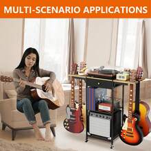 CXRYLZ 3-Tier Multi Guitar Stand With 4 Guitar Holders & Wheels, 3-In-1 Floor Guitar Rack With Built-In Amp Stand And Storage Drawer, Space-Saving Guitar Organizer For Acoustic, Electric & Bass - 黑色 - 查看 7