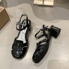 New French Style Retro Buckle Round Toe Wedge Heel Roman Sandals For Women, Spring/Summer - Black - View 1