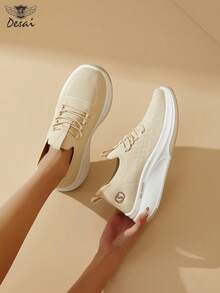 DESAI Women's Classic Fashion Sneakers, Thick Sole Wedge Heel Increase Height, Letter Design Casual Shoes, Breathable Shock Absorbing Elastic Band Slip-On Outdoor Shoes - Beige - View 8