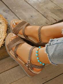 2026 New Women's Criss-Cross Strap Bohemian Style Thick Bottom Sandals, Fashion High Heel Slip-On Sandals Suitable For Party, Date, Wedding And Many Occasions - Brown - View 3