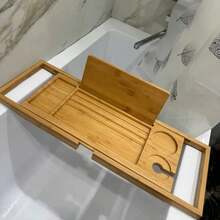 25-37.4 Inch Bamboo Bathtub Tray, Luxury Bathroom Storage Rack, Suitable As Housewarming Gift, Holds Phone, Book, Tablet, Fruit, Compact Bathtub Wine Glass Holder - Bamboo - View 9