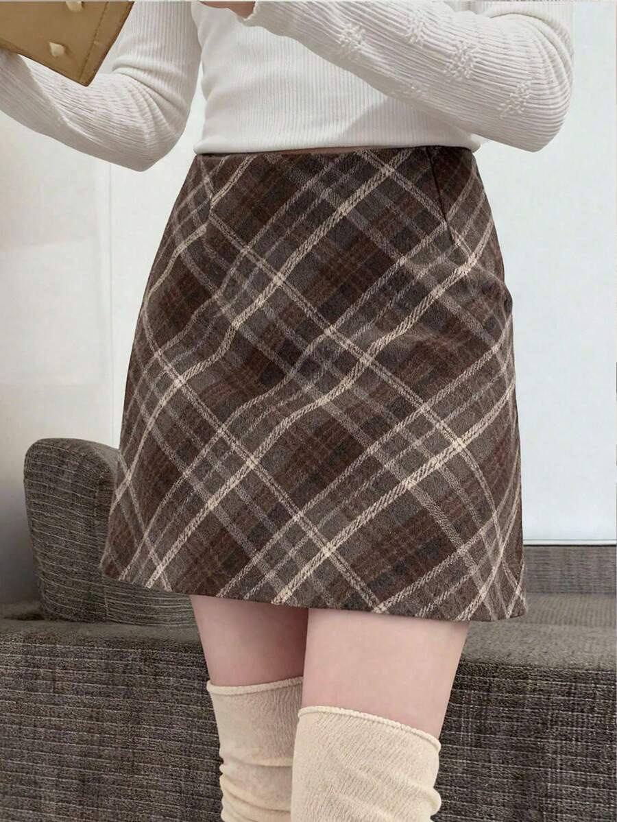 随机格子图案迷你裙，秋季