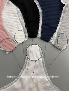 5pcs Women's Multicolor Cotton High Stretch Ribbed Panties With Charming Bow Lace Trim - Multicolor - View 9