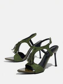 女士高跟鞋，时尚高端派对宴会舞会尖头流苏T字带柔软仿麂皮可调节踝带优雅性感保暖奢华军绿色高跟鞋，适合搭配正式礼服、通勤、晚礼服 - 軍綠色 - 查看 6