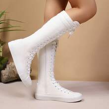 love ycodo Women & Girls Student Canvas Flat Over-The-Knee Boots, Side Zipper, Suitable For Dresses, Jeans, Parties, Cheerleading - White - View 16