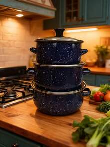 3pcs Enamel Cookware Set, Non-Stick Pots & Pans Set, Enamel Cooking Pot Set With Glass Lid, Multi-Purpose Durable Enamel Pot Set For Home Kitchen, Suitable For Gas & Induction Cooktop