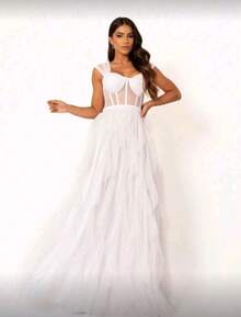 Beautiful Women's Tulle Dress With Glitter, Perfect For Bridesmaids, Graduations, Weddings, Or Wedding Guests. - trắng - Xem 1