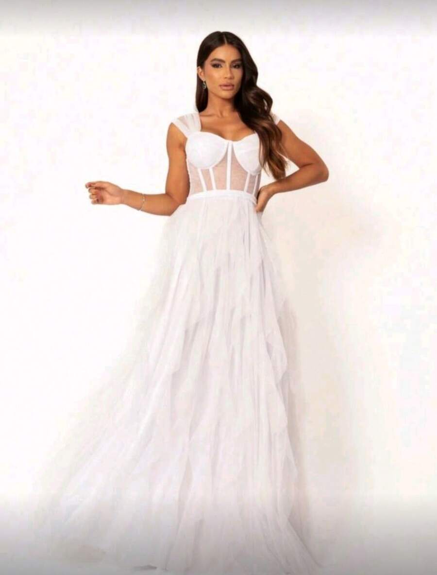 Beautiful Women's Tulle Dress With Glitter, Perfect For Bridesmaids, Graduations, Weddings, Or Wedding Guests. - trắng - Xem 1
