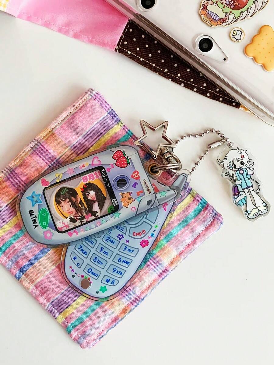 迷你手机！可爱卡通千禧/平成风格小巧智能钥匙扣相框（不含照片） - 彩色 - 查看 1