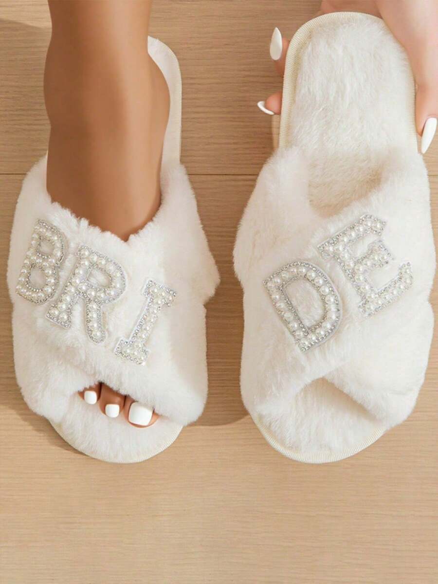 Bride Slippers, Warm And Comfortable Open-Toe Slippers, Suitable For Bridal Parties, Bachelorette Parties, And Wedding Day, Flat Criss-Cross White Peep-Toe Slides - White - View 1