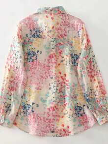 Women's Tropical Plant Print Long Sleeve Loose Fit Button-Up Shirt, Vacation Wear - Powder Blue - View 3