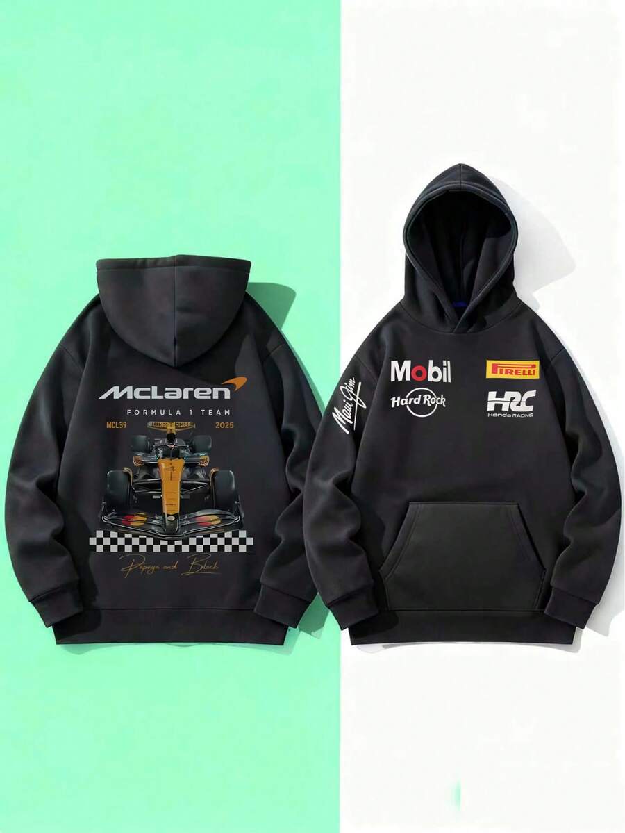 F1 Team MCL39 Racing Print Hooded Sweatshirt, Unisex, Soft And Warm Fabric For Autumn And Winter, With Hooded Pockets, Washable, Suitable For Everyday Wear, Outdoor Activities, Sports, And Holiday Parties - 黑色 - 查看 1