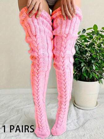 1 Pair Women's Pink Knitted Over-The-Knee Socks, & Avant-Garde Style, Knitted Warmth, Fashionable & Suitable For Street Style/Party Outfits