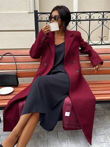 Seelio 女装法式时尚高端修身优雅长款大衣，秋冬新品 - 酒紅色 - 查看 1