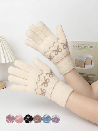 1 Pair Cute Bowknot Jacquard Fabric Gloves, Warm Lining, Suitable For Daily Wear, Outdoor Activities In Winter, Five Fingers, Fashion & Versatile Butterfly Decor, Ideal For Students, Cycling